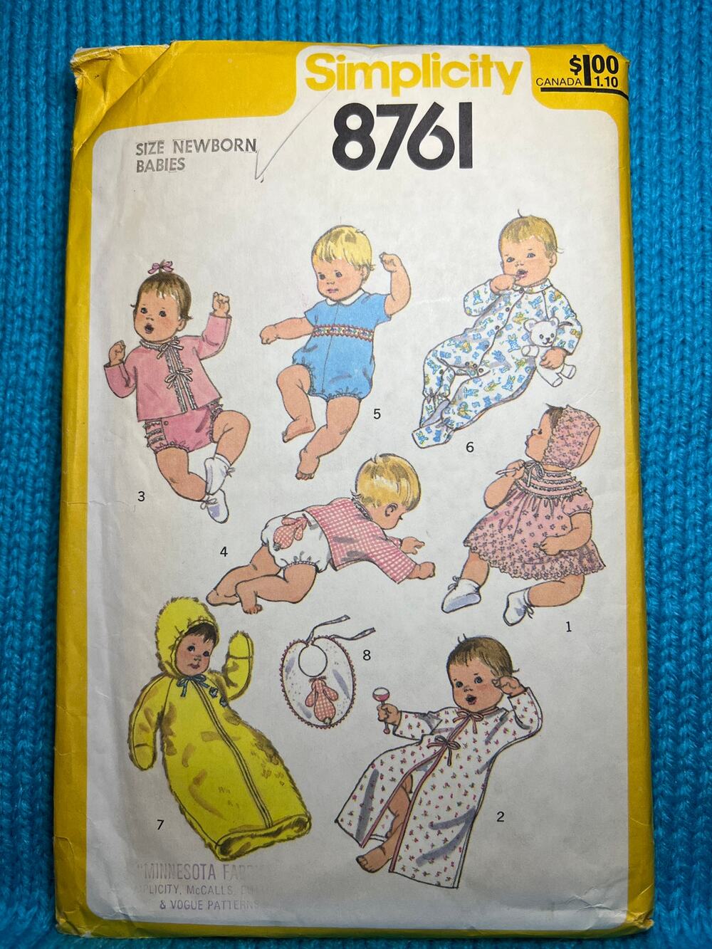 Simplicity Sewing pattern 8761 baby layette bonnet sleeper dress romper